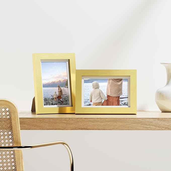 Vittanly 4x6 Picture Frames Set of 9, Shatter Resistant Plexiglass, Display 3.5x5 Pictures with Mat or 4x6 without Mat, Photo Frames for Wall or Tabletop, Engineered Wood, Gold-Ruum Studio Home