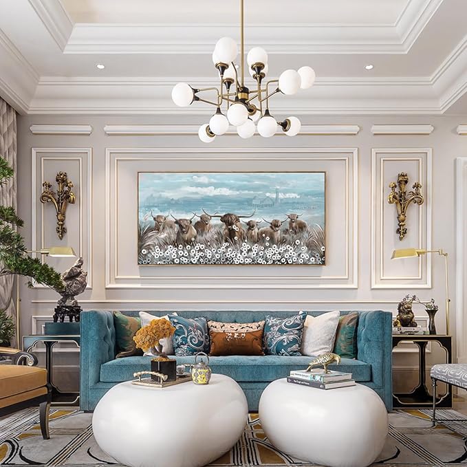 Extra Large Framed Wall Art for Living Room Big Boho Farmhouse Highland Cow Canvas Artwork Flower and Animal Picture Rustic Coastal Blue and Brown Decor for Office Bedroom Kitchen-Ruum Studio Home