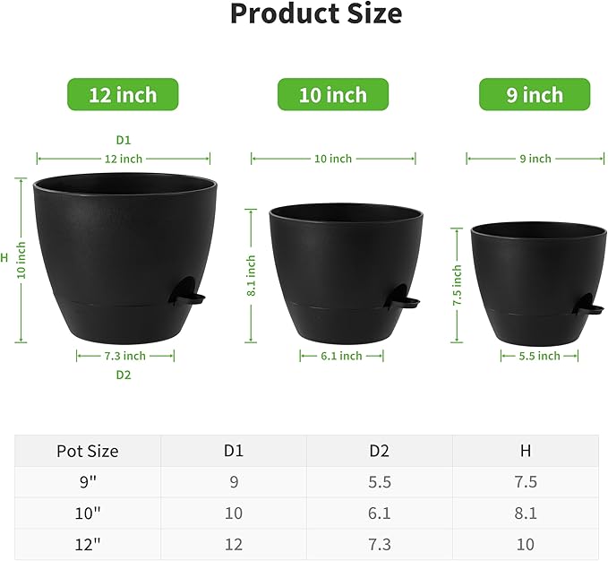 FaithLand 3-Pack Large Planter Pots, 12 10 9 Inch Self Watering Flower Pots for Indoor Outdoor Garden Plants, Black-Ruum Studio Home