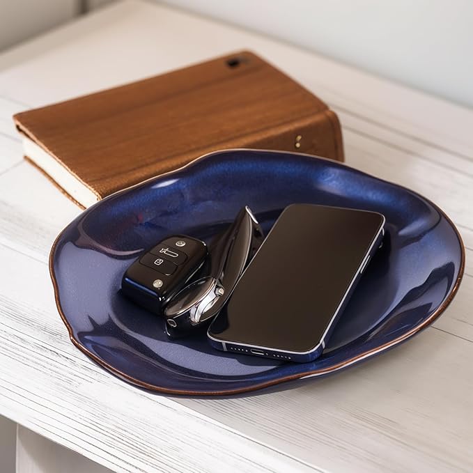 Blue Ceramic Decorative Bowl –10.4" Small Trinket Dish, Fruit Bowl, Candy Dish, Key Bowl for Entryway Table, Jewelry & Ring Dish, Porcelain Catchall Dish for Kitchen, Bedside, Living Room Home Decor-Ruum Studio Home