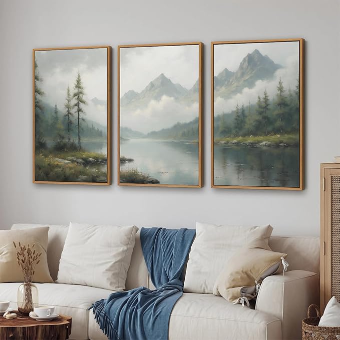 SIGNINART Large Green Forest Framed Canvas Wall Art Set, Misty Mountain Lake Scenery Wall Decor, Modern Foggy Wood Landscape Artwork, Oil Printing Style Nature Art Print for Living Room, Bedroom, Office 16 x24 x3-Ruum Studio Home