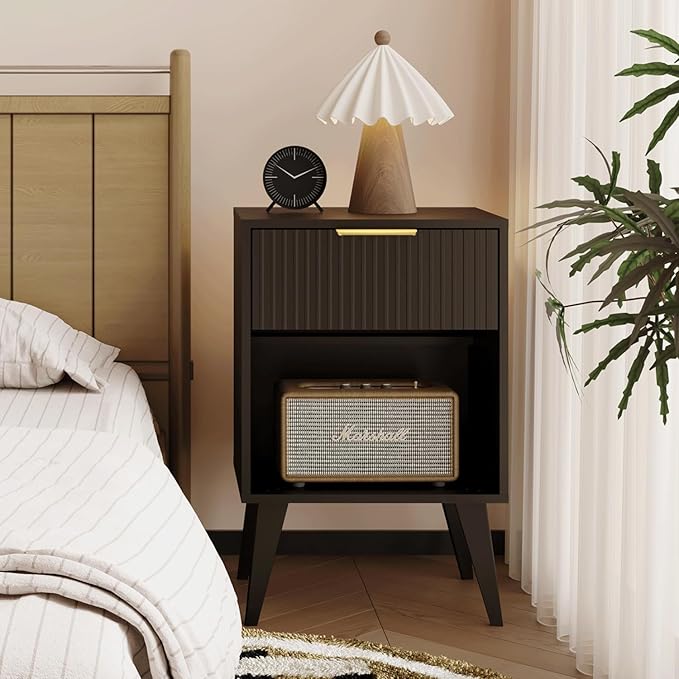 Fluted Night Stand with Opening Storage,Mid Century Bedside Table with Drawer,Modern Nightstand with Solid Wood Legs,End Table Side Table for Living Room,Bedroom,Black CTG56BK-Ruum Studio Home