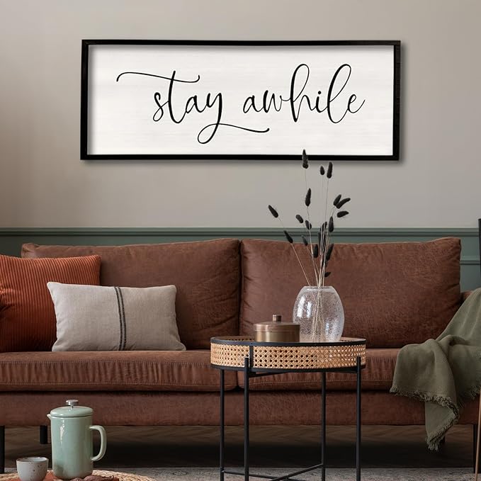 Stay AWhile Sign Wall Decor Sign 40"X15" Large Living Room Entryway Wood Framed Rustic Wall Decor for Vintage Farmhouse Foyer Hanging Lets Stay Home Wall Art (Black)-Ruum Studio Home