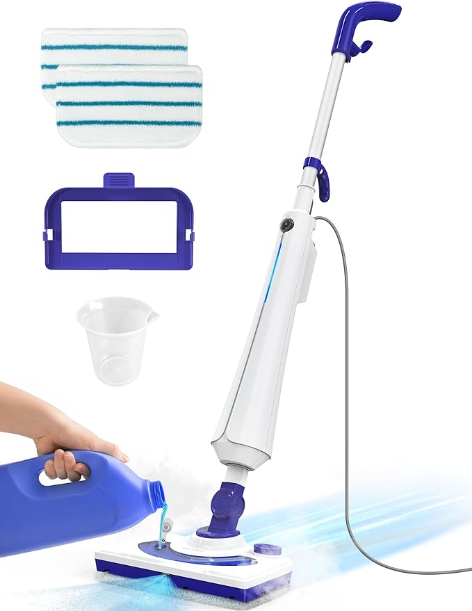 Professional Steam Mop Cleaner, 1300W Floor Steamer with Detergent Chamber, 25S Heat Up, Lightweight Steamer for Cleaning with 2 Washable Pads, Safe for Tiles, Upholstery, Carpet, Hardwood, Navy-Ruum Studio Home