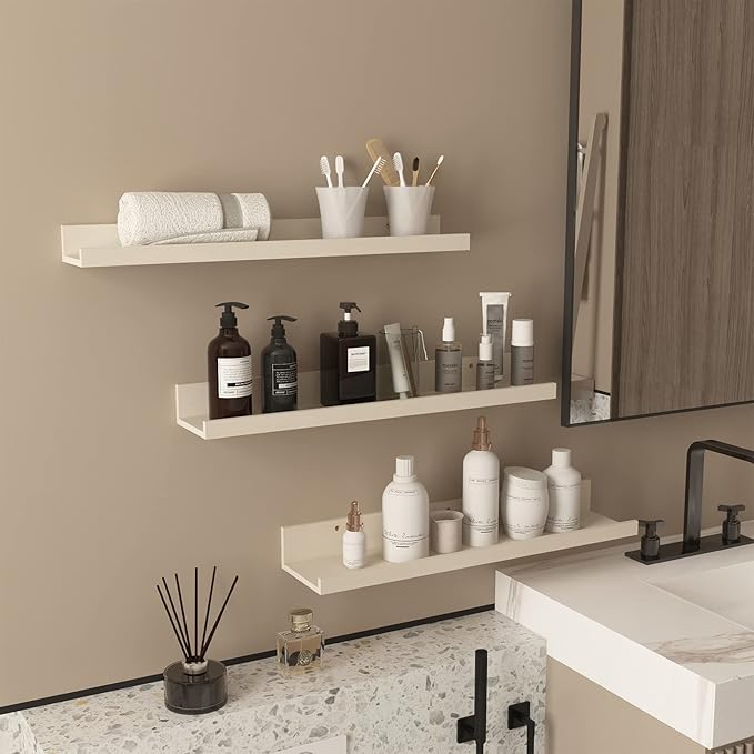 Giftgarden 24 Inch Floating Shelves for Wall, Creamy White Beige Wood-Grain Wooden Shelf Ledge for Bathroom Kitchen Living Room Nursery Bedroom Picture, Set of 3 Different Sizes-Ruum Studio Home