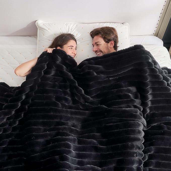 Cozy Bliss Faux Fur Throw Blanket for Couch, Cozy Warm Plush Striped Blanket for Sofa Bedroom Living Room,60 * 80 Inches Black-Ruum Studio Home