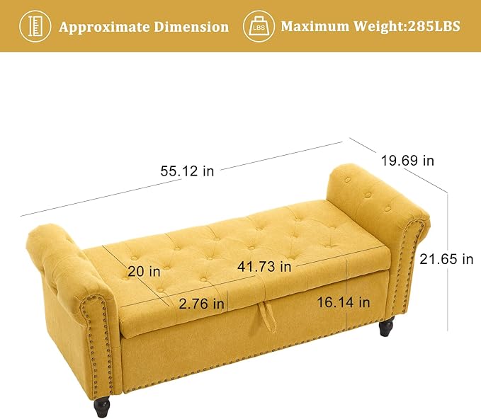 Furniliving 55” End of Bed Bench, Bedroom Bench with Button-Tufted, Large Upholstered Storage Ottoman Benches Window Bench with Storage Shoe Cabinet Bench, for Bedroom, Living Room, Linen, Yellow-Ruum Studio Home