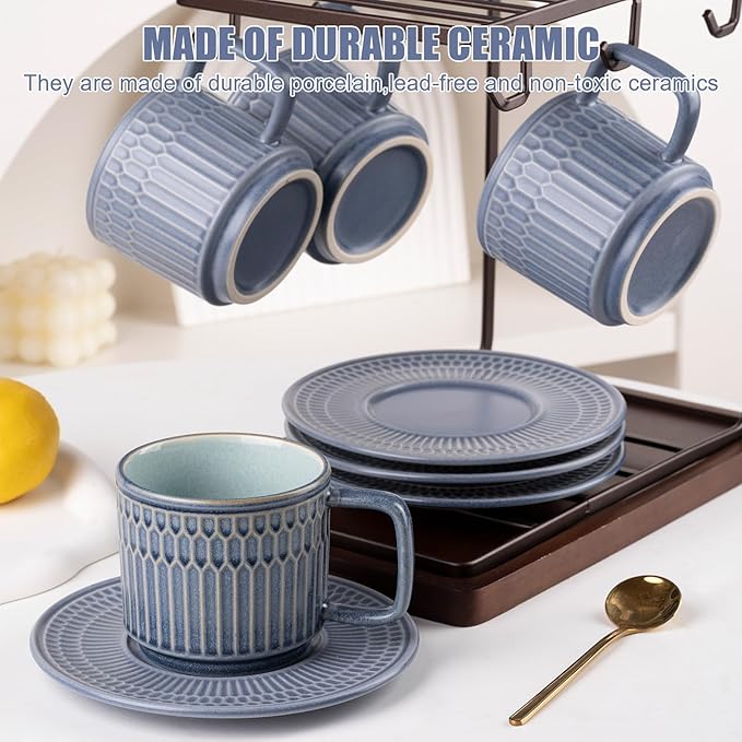 Large Cappuccino Cups with Saucers Set of 4, 8 Ounce Stackable Embossed Ceramic Coffee Mugs for Specialty Coffee Drinks, Latte, Cafe Mocha and Tea, Dishwasher & Microwave Safe (Blue)-Ruum Studio Home