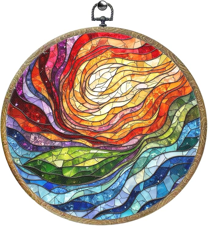 Colorful Boho Rainbow Geometric Spiral Sun Art Gift Framed Round Wall Decor Canvas Wall Art Hanging Prints Artwork for Home Office Bathroom Bedroom Living Room Decorations 10.2X10.2 Inch-Ruum Studio Home