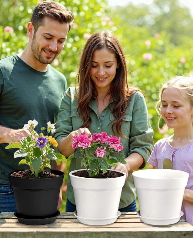 homenote Plant Pots,7.5 Inch Flower Pots for Plants Plastic Planters for Indoor with Multiple Drainage Holes and Trays, for All Home Garden Flowers Succulents,Outdoor(White&Black,8 Pack)-Ruum Studio Home