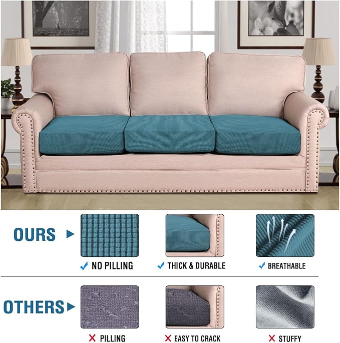 H.VERSAILTEX Super Stretch Individual Seat Cushion Covers - Sofa & Couch Cushion Slipcover Sets - Thick Jacquard Textured Twill Fabric (3 Piece XL Sofa Cushion Covers, Storm Blue)-Ruum Studio Home
