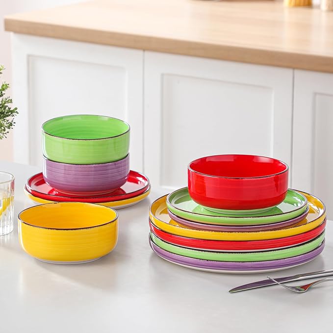 vancasso Bonita Stoneware Dinnerware Sets, 12 Pieces Dishes Set，Polished Round Plates and Bowls Set for 4, Dishwasher and Microwave Safe, Multicolor-Ruum Studio Home