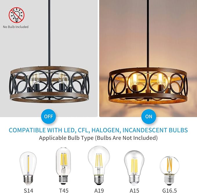 XINGQI 21.7'' Modern Chandelier, Farmhouse Drum Chandeliers for Dining Room Living Room Bedroom 5-Light Pendant Lighting Round Black Metal Antique Wood Grain Finish Adjustable-Ruum Studio Home