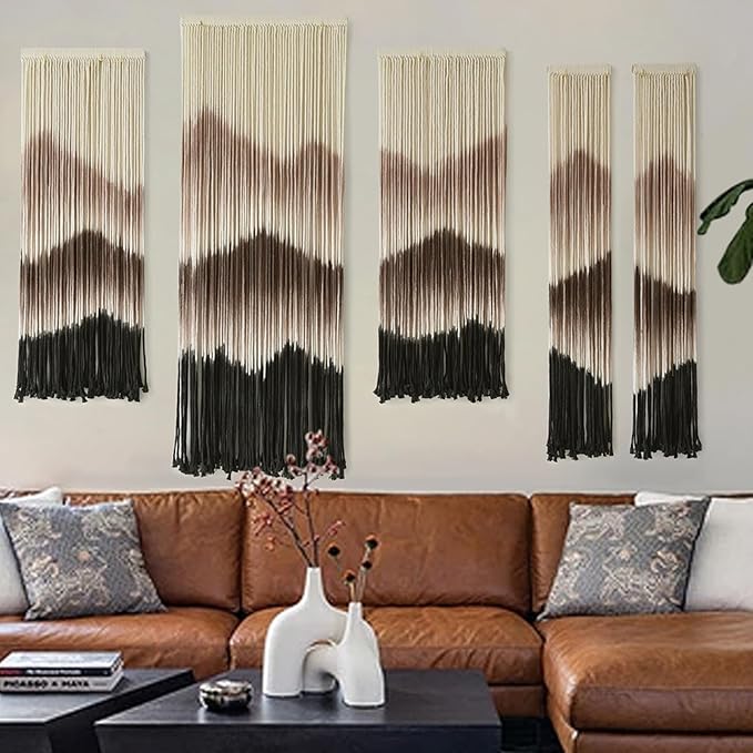 IOWER Large Macrame Wall Hanging Mountain Handmade Brown Dip-Dyed Boho Wall Decor 5Pcs Art Wall Decor for Bedroom Living Room Fiber Art Tapestry-Ruum Studio Home
