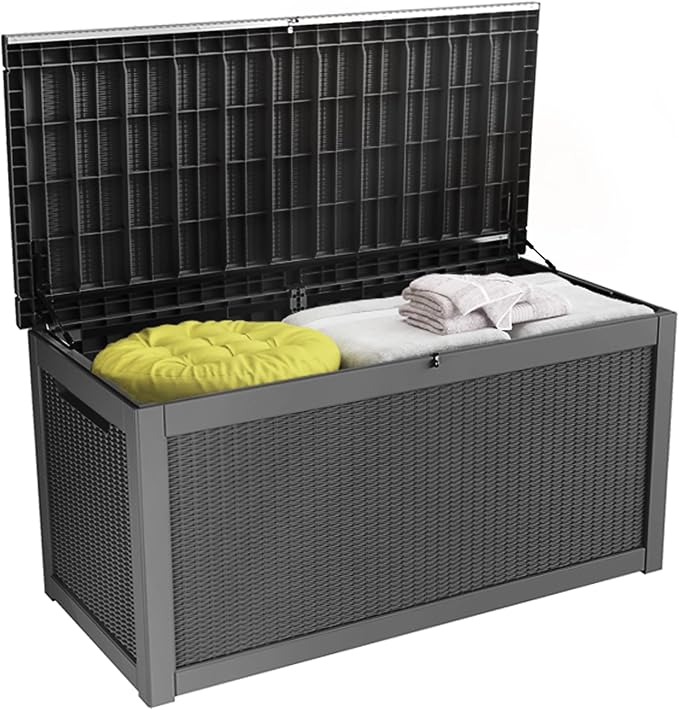 100 Gallon Resin Deck Box, Waterproof Outdoor Storage Bin for Patio Furniture, Pool Accessories, and Garden Tools, Lockable & UV-Resistant, Black-Ruum Studio Home
