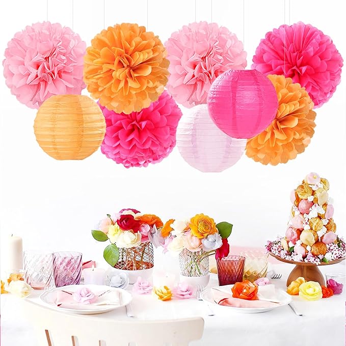 Pink-Orange Party-Decorations Paper-Flowers Lanterns - 15PCS Fall Wedding Birthday Tissue Pom Poms Streamers, Boho Baby Bridal Shower Graduation Sunset Hanging Supplies Decor Hugfond-Ruum Studio Home