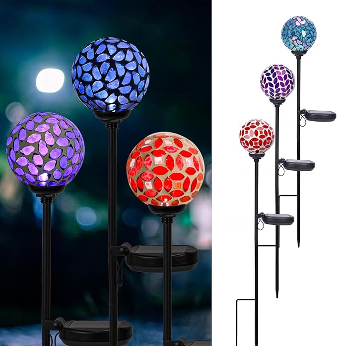 VCUTEKA Solar Garden Decorative Lights Outdoor, Mosaic Solar Light Waterproof LED Pathway Stake Light for Landscape Patio Yard Deck Walkway Decoration, 3 Pack （Blue&Purple&Red）-Ruum Studio Home