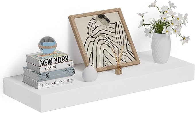 Heimlove 24 x 12 Inch Deep Floating Shelves Wall Mounted with Invisible Brackets,Storage Hanging Shelf for Wall Decor in Bathroom, Bedroom, Toilet, Kitchen, Living Room, Office Set of 1 (White)-Ruum Studio Home