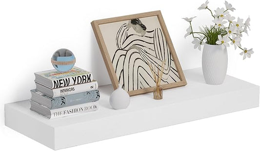 Heimlove 24 x 12 Inch Deep Floating Shelves Wall Mounted with Invisible Brackets,Storage Hanging Shelf for Wall Decor in Bathroom, Bedroom, Toilet, Kitchen, Living Room, Office Set of 1 (White)-Ruum Studio Home