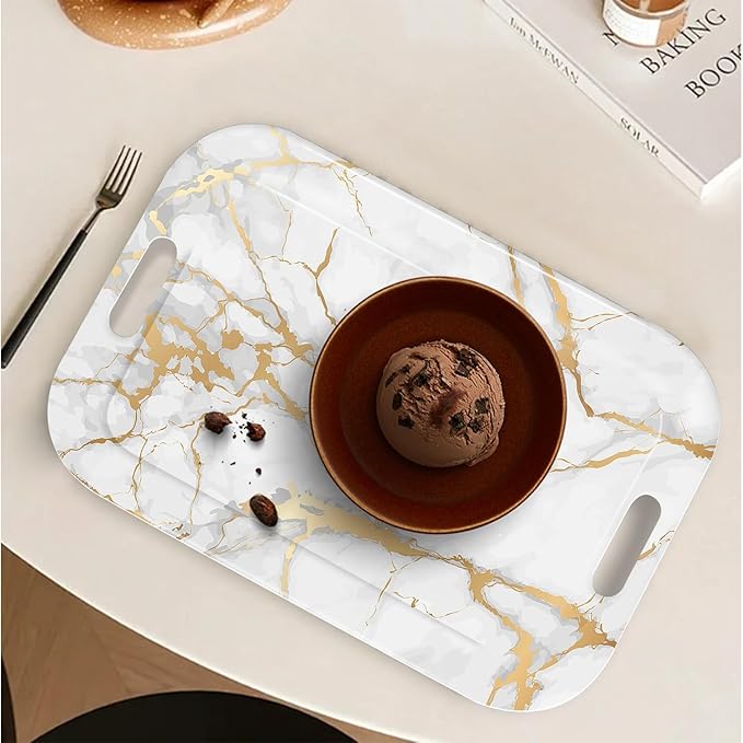 Serving Trays with Handles, 14.5 x 9.8 inch Rectangular Plastic Tray for Restaurant, Kitchen, Golden White Marble-Ruum Studio Home