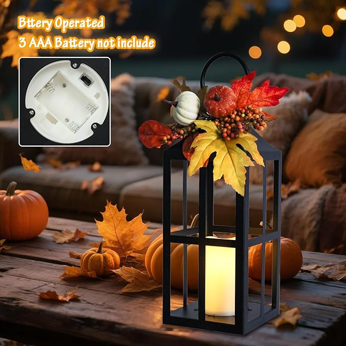Fall Decorative Lanterns Outdoor, Waterproof 17.7" Decorative Lantern Indoor Decor Metal Hanging Candle Holder LED Flameless Candle Lantern for Patio, Porch, 2 Packs-Ruum Studio Home