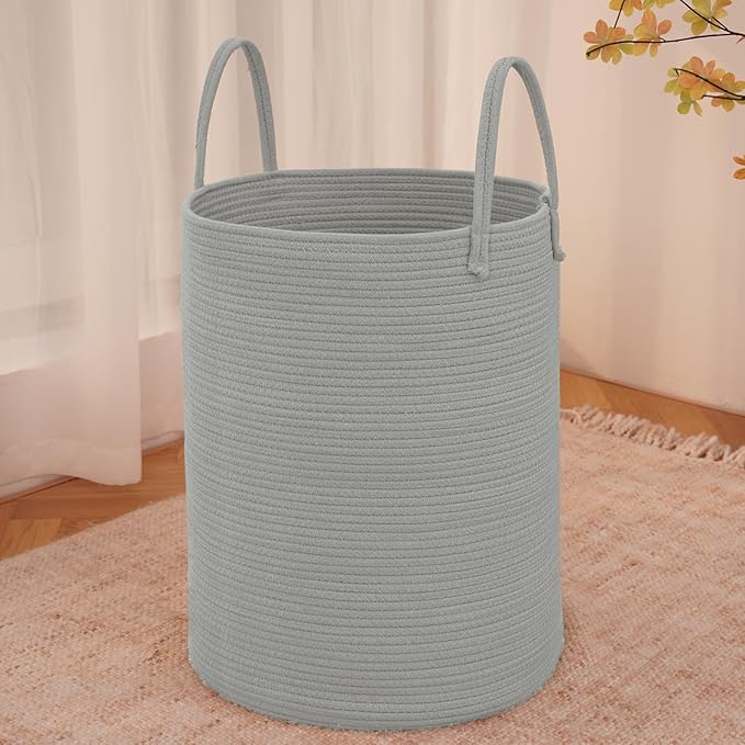 Large Woven Laundry Basket Hamper,80L Cotton Rope Storage Bin for Blankets,Toys and Clothes,Decorative Tall Nursery Hamper for Living Room,Baby Nursery,Bathroom and Bedroom,Grey-Ruum Studio Home