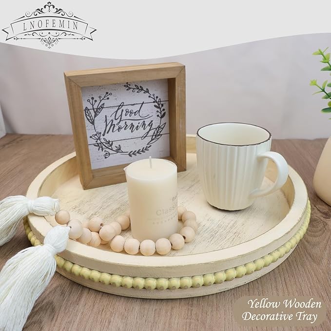 Round Wood Serving Tray with Beads, Yellow Washed Wooden Decorative Tray for Entertaining, Decoration, and Gifting-Ruum Studio Home