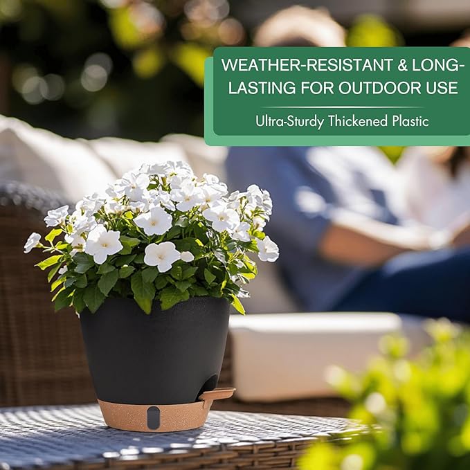montresor 2 Pack 8 inch Plant Pots, PP Plastic Self Watering Plant Pot with Drainage and Tray for Indoor Outdoor Plants, Water Level Window & Reservoir Flower Pots Decorative Planter (Black)-Ruum Studio Home
