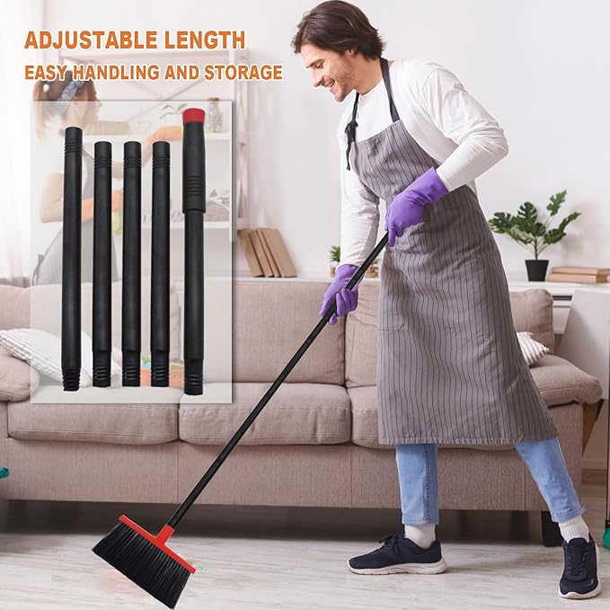 Small Broom Stiff Bristles Brush with Long Handle Indoor or Outdoor Compact Broom for Sweeping Patio Garage Garden,Deck,Concrete Floor,Bathroom (Red)-Ruum Studio Home