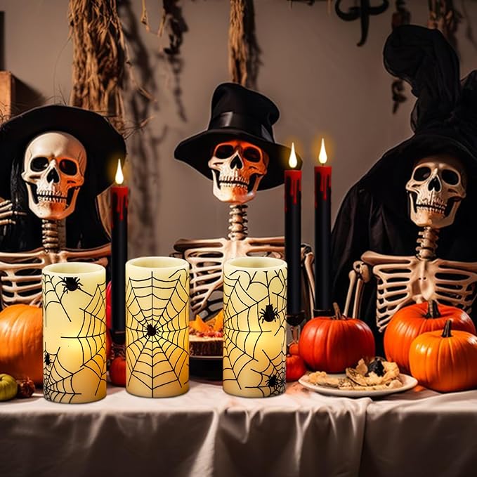 Wondise Halloween Flickering Flameless Candles with Spider Decals, Battery Operated Candles with 6hrs Timer, Real Wax Halloween LED Candles for Horror Spooky Halloween Home Decoration(Set of 3, 3"x6")-Ruum Studio Home