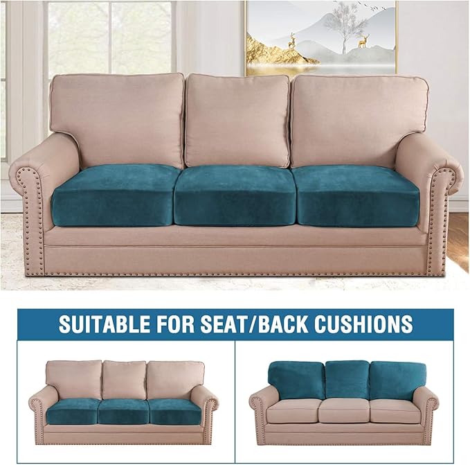 H.VERSAILTEX Velvet Stretch Couch Cushion Cover Plush Cushion Slipcover for Chair Loveseat Sofa Cushion Furniture Protector Seat Cushion Sofa Cover (3 Piece XL Sofa Cushion Covers, Deep Teal)-Ruum Studio Home