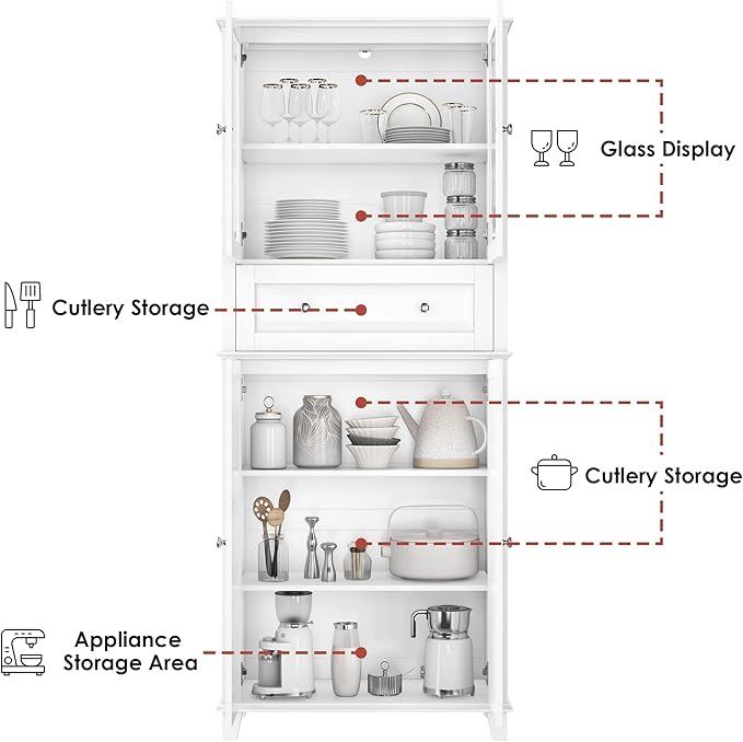 76'' Kitchen Pantry Storage Cabinet, Freestanding Kitchen Cupboard with Large Drawer, Doors, and Adjustable Shelves, Bathroom Storage Cabinet for Dining Room, Living Room, Laundry, White-Ruum Studio Home