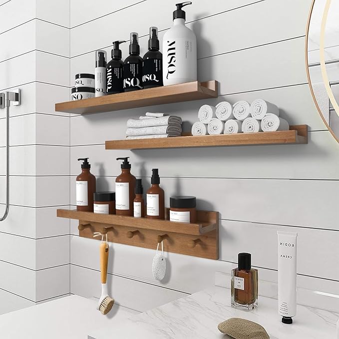 MBYD 24 Inch Floating Shelves, Picture Ledge Shelf, Natural Wood Wall Shelf, Nursery Book Shelves for Kids Room Decor with Hooks, Kitchen Bathroom Storage, Living Room Walnut-Ruum Studio Home