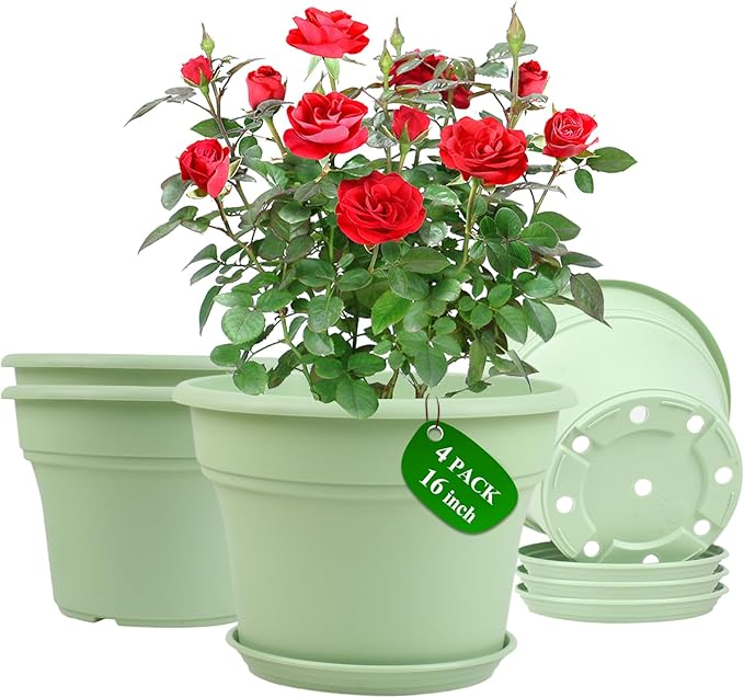 16 inch Plastic-Flower-Pot-for-Indoor-Plants, 4 Pack Large Outdoor Planter Pot with Drainage Holes & Saucers, Resin Decorative Garden Pots Planters-Ruum Studio Home