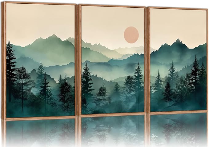SIGNINART Large Mountain Framed Canvas Wall Art Set, Abstract Misty Forest Wall Decor, Foggy Nature Pine Tree Wall Painting, Modern Boho Sunrise Art Prints for Bedroom Living Room and Office 24"x36"x3-Ruum Studio Home