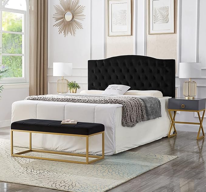 24KF Upholstered Tufted Button Velvet Headboard,Comfortable Fashional Headboard Queen/Full Size,Black-Ruum Studio Home