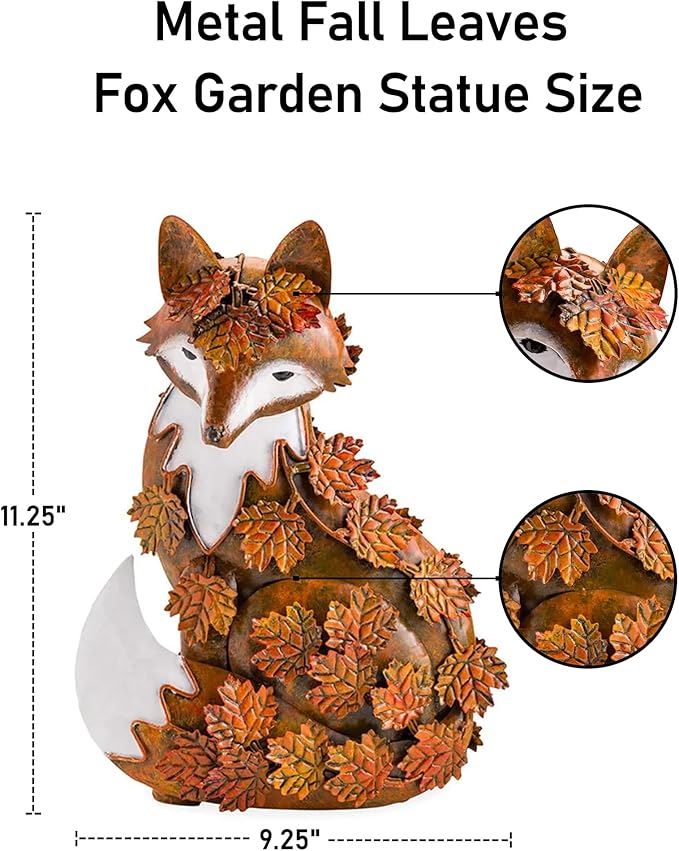 Elenon Metal Fox Statue Art Garden Decoration, Handcrafted Standing Fox Ornament Decor with Fall Leaves, Mid Century Fox Figurine Outdoor Decor for Patios, Lawns, Flower Bed-Ruum Studio Home