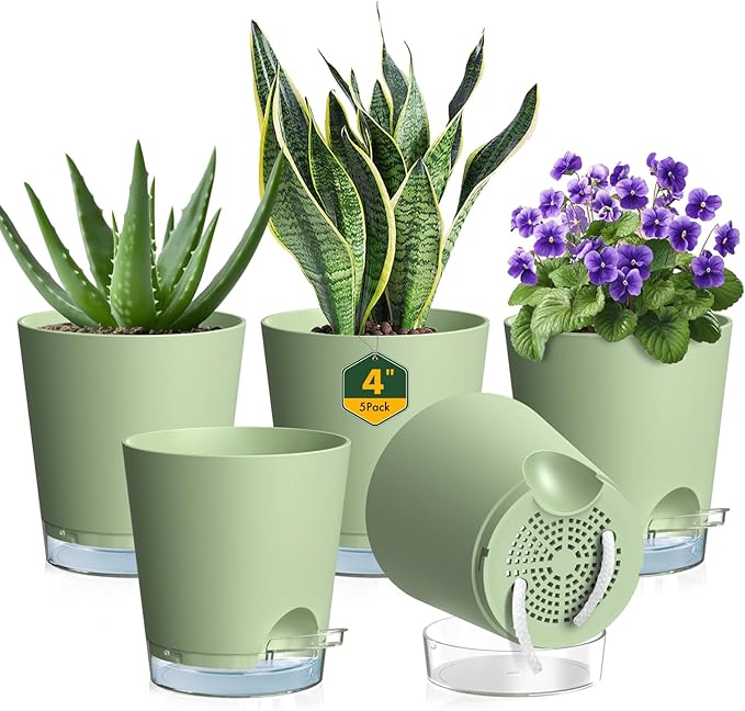 4 inch Self Watering Pots for Indoor Plants, 5 Pack Small Flower Plant Pots with Drainage Holes and Clear Reservoirs, Visible Water Level, Plastic Planters with Wicking Rope, Green-Ruum Studio Home