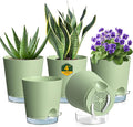 4 inch Self Watering Pots for Indoor Plants, 5 Pack Small Flower Plant Pots with Drainage Holes and Clear Reservoirs, Visible Water Level, Plastic Planters with Wicking Rope, Green-Ruum Studio Home
