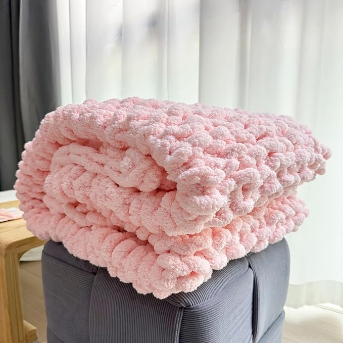 Chunky Knit Blanket Throw 40"×40", Chenille Throw Blankets, Handmade Warm & Cozy Blanket Couch Bed Home Decor, Soft Breathable Fleece Banket, Christmas for Couch Bed Sofa Best Gift (Pink)-Ruum Studio Home
