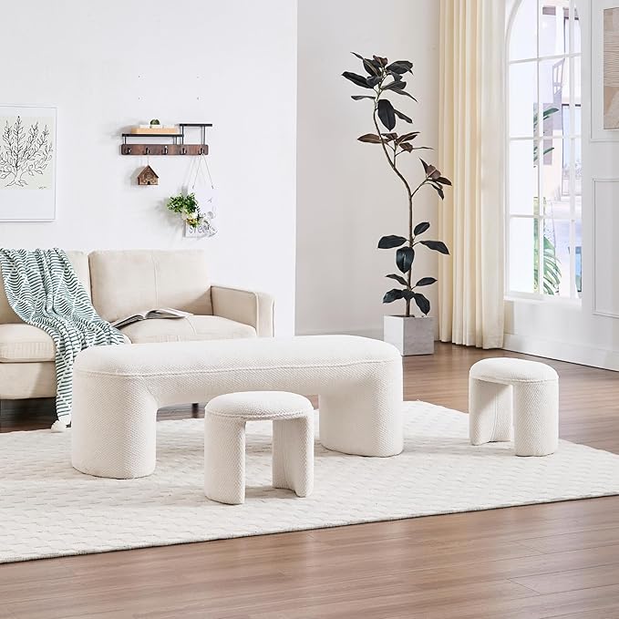 3-Piece 53" Comfy Upholstered Dining Bench with 2 Ottomans, Accent Waterfall Bench Modern End of Bed Entryway Bench Vanity Stool, White Chenille-Ruum Studio Home