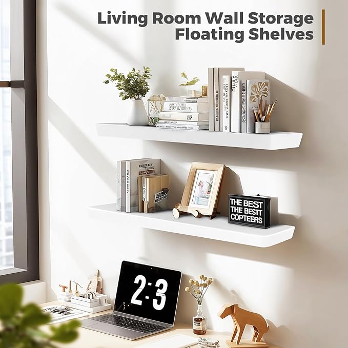 36"x6.8"x1.6" Slanted Floating Wall Shelves 2-Pack - Rustic White Finish, Heavy-Duty Solid Wood Design with Hidden Brackets - Perfect for Living Room, Kitchen, Bathroom, or Office-Ruum Studio Home