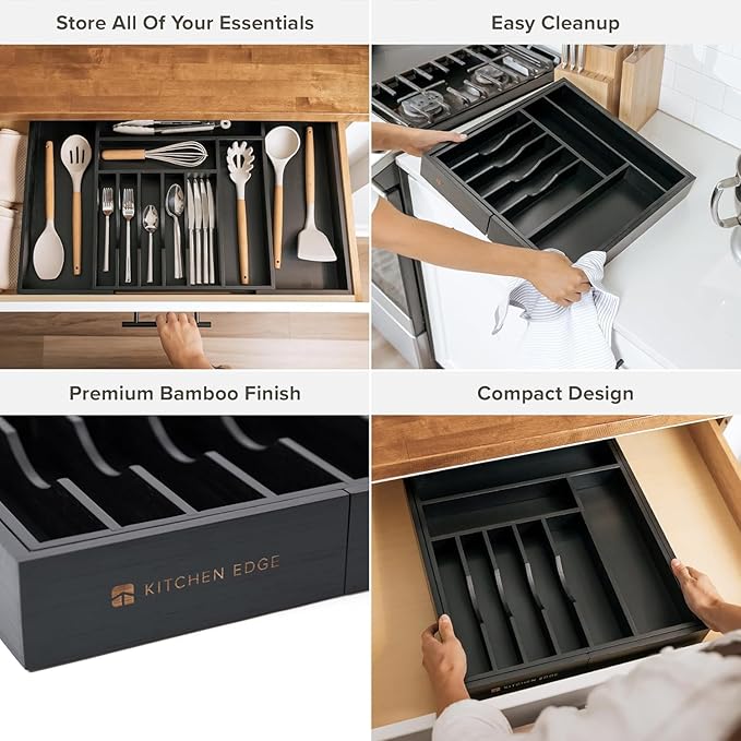 Premium Silverware, Flatware and Utensil Organizer for Kitchen Drawers, Food-Safe Contract Grade, Expandable from 16 to 28 In, Black Bamboo-Ruum Studio Home