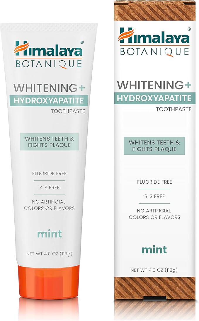 Himalaya Botanique Whitening + Hydroxyapatite Toothpaste for Whiter Teeth & Fresher Breath, Fights Plaque with Hydroxyapatite Support & Mint Flavor, Fluoride Free, SLS Free, & Vegan, 4.0 oz, 4 Pack-Ruum Studio Home