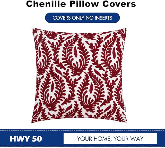 HWY 50 Burgundy Red Decorative Throw Pillow Covers 18x18 Inch (1 Piece), Embroidered Cotton Farmhouse Cushion Cover Pillow Case for Sofa Couch Living Room Bed Bedroon, Floral Branches-Ruum Studio Home