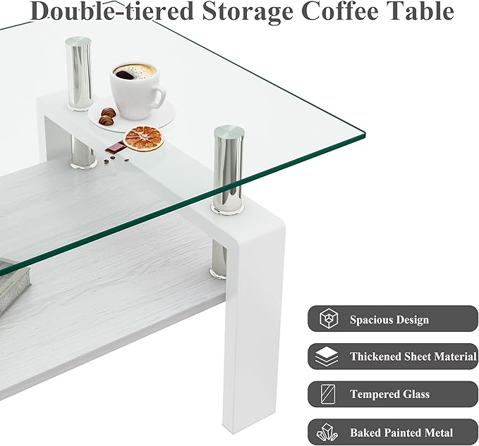 Glass Coffee Table Rectangle Living Room Center Table, with Transparent Tempered Glass Tabletop and White MDF Layer,for Living Room and Office, Transparent +White-Ruum Studio Home