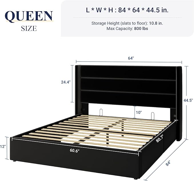 Allewie Queen Size Velvet Lift Up Storage Bed, Modern Wingback Headboard, Hydraulic Support, No Box Spring Needed, Black-Ruum Studio Home
