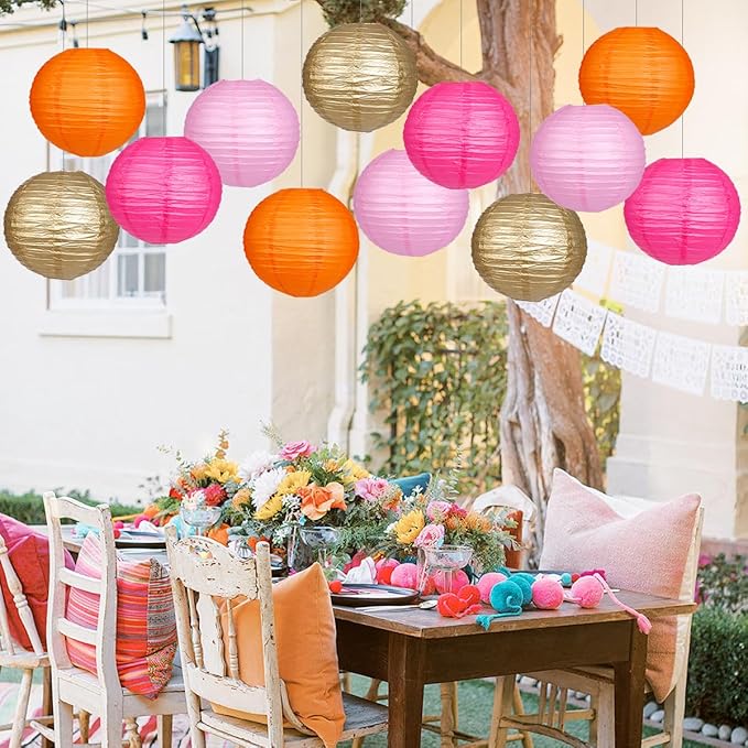 Paper Lanterns Pink Orange Gold Round Hanging Chinese Lanterns for Birthday Party Baby Shower Bridal Shower Decorations Pack of 12-Ruum Studio Home