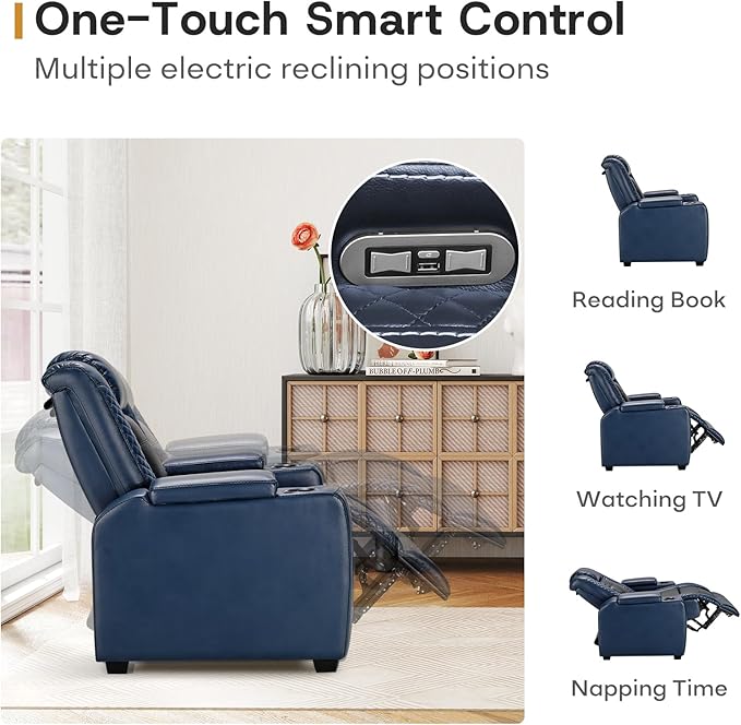 ANJ Power Home Theater Seating Set of 2, Blue Faux Leather Electric Recliner Chair with Powered Headrest, Dual Motors Movie Reclining Chairs with LED Lights,USB Port,Cup Holders, Hidden Arm Storage-Ruum Studio Home