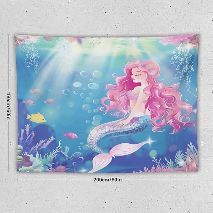 HZOHNAGO Mermaid Girls Tapestry Watercolor Mermaid Princess Pink Hair Pattern for Kids Room Decoration Printed Wall Tapestry Wall Hanging for Bedroom Living Room Dorm 80" W x 60" H-Ruum Studio Home